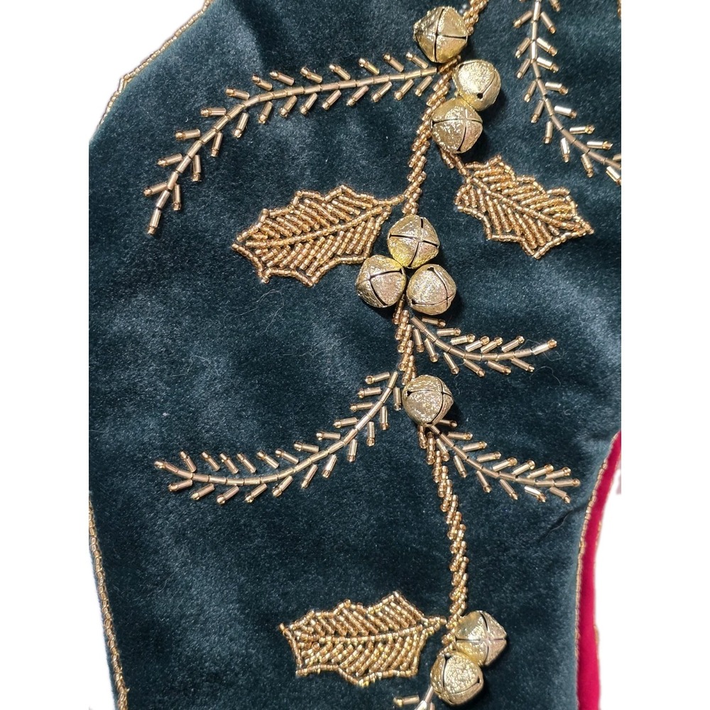 Vintage Velvet Christmas Stocking Set Of 3 Gold Holly Beaded And Bells - Picture 5 of 7